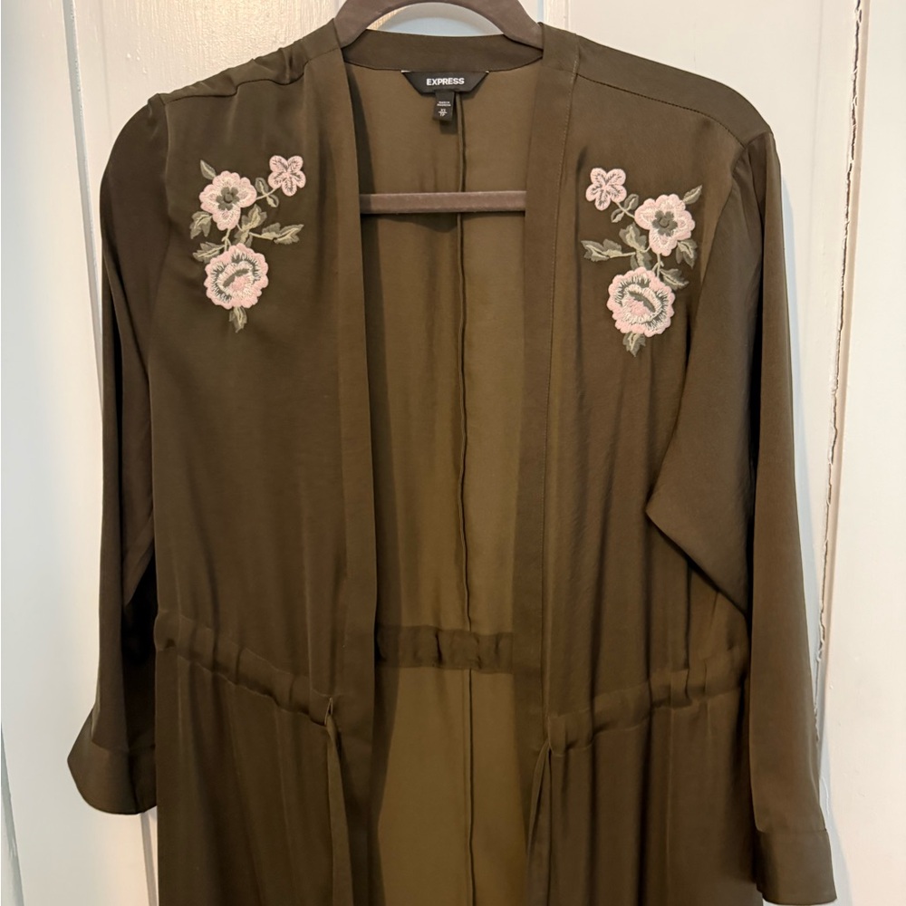 Express Olive Kimono with Floral Details